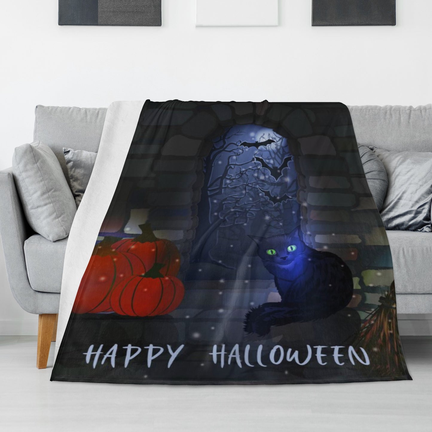 Black Cat Happy Halloween Vertical Flannel Breathable Blanket 4 Sizes