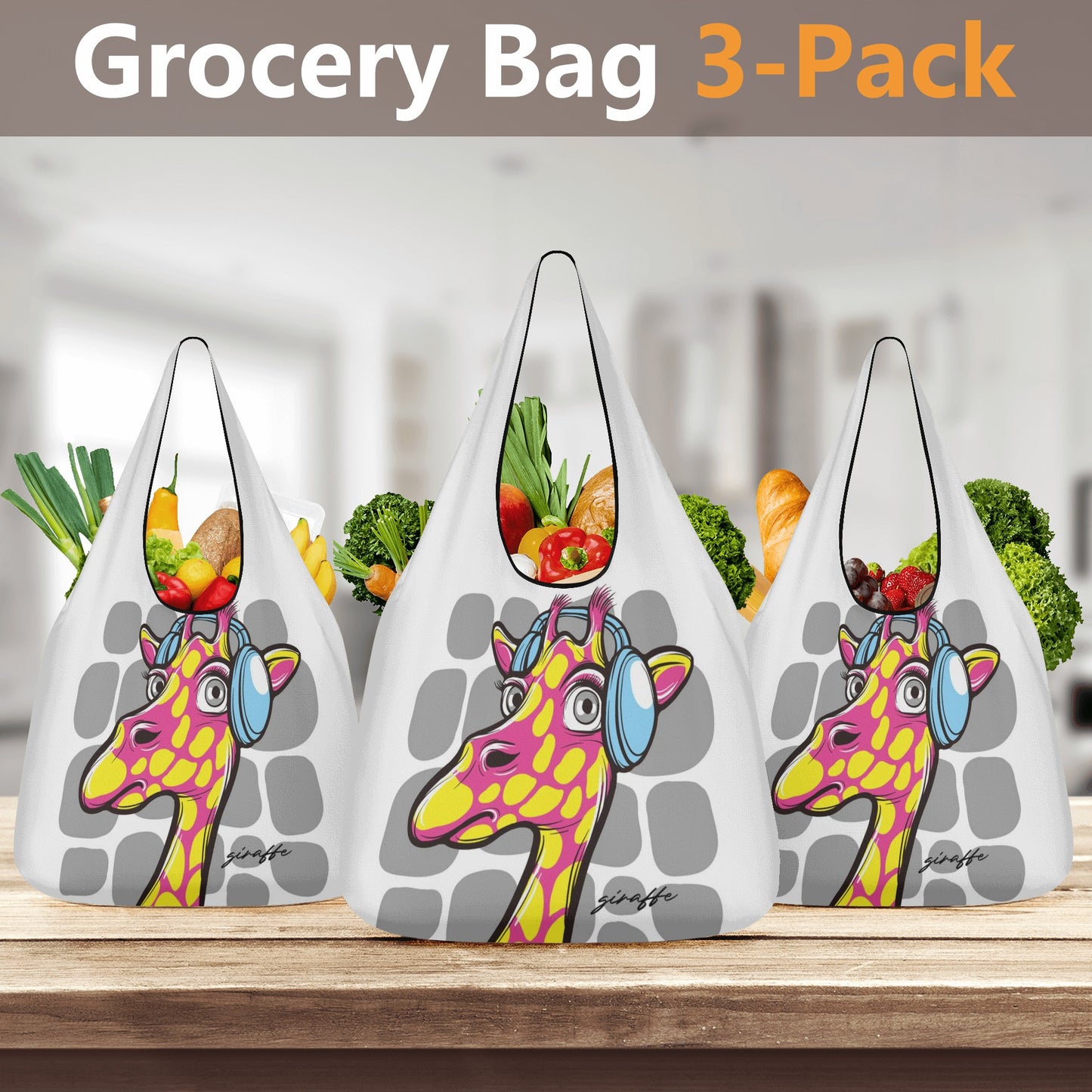 Giraffe Reuseable 3 Pack of Grocery Bags