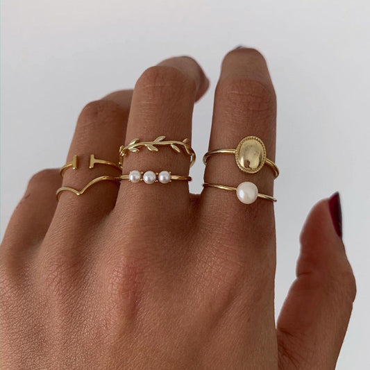 Fashion Gold-plated Pearl Leaf Ring Set