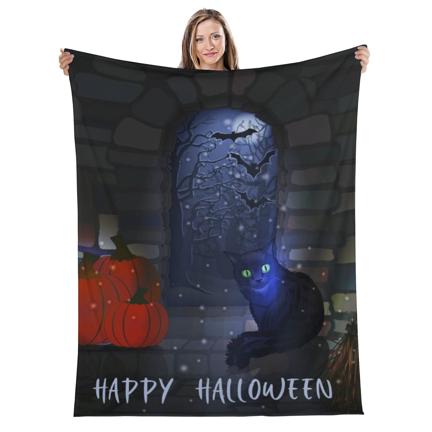 Black Cat Happy Halloween Vertical Flannel Breathable Blanket 4 Sizes
