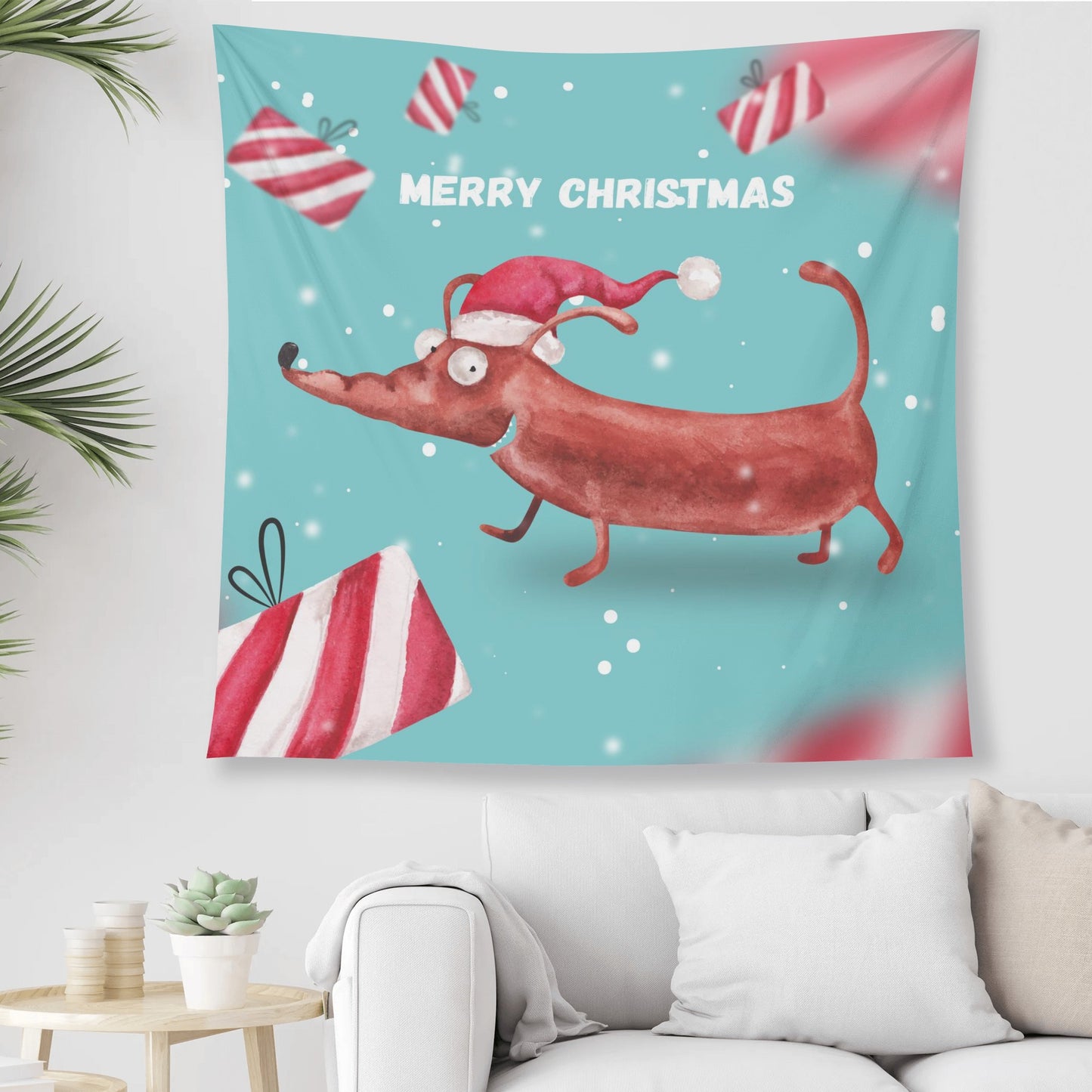 Hot Dog It is Christmas Time Polyester Peach Skin Wall Tapestry 6 Sizes