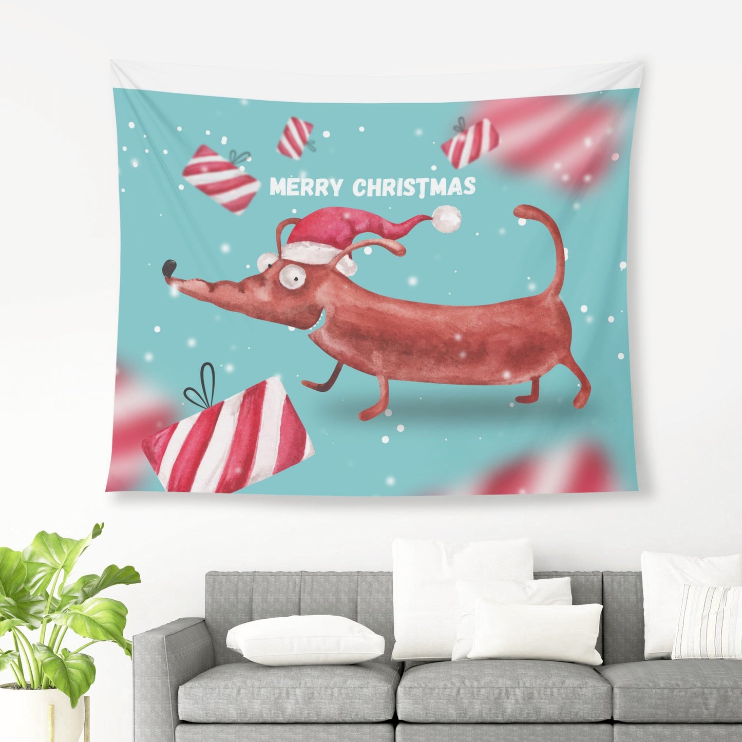Hot Dog It is Christmas Time Polyester Peach Skin Wall Tapestry 6 Sizes