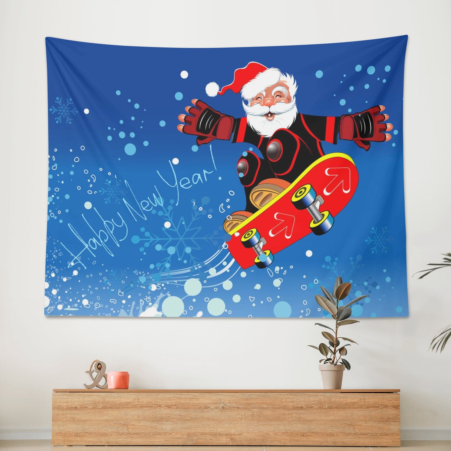 A Skate Boarding Santa for Christmas Polyester Peach Skin Wall Tapestry 6 Sizes