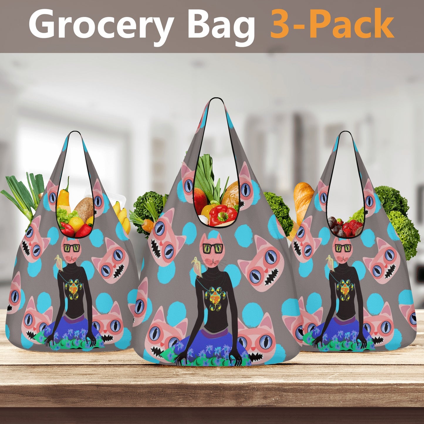 Crazy Cat Reuseable 3 Pack of Grocery Bags