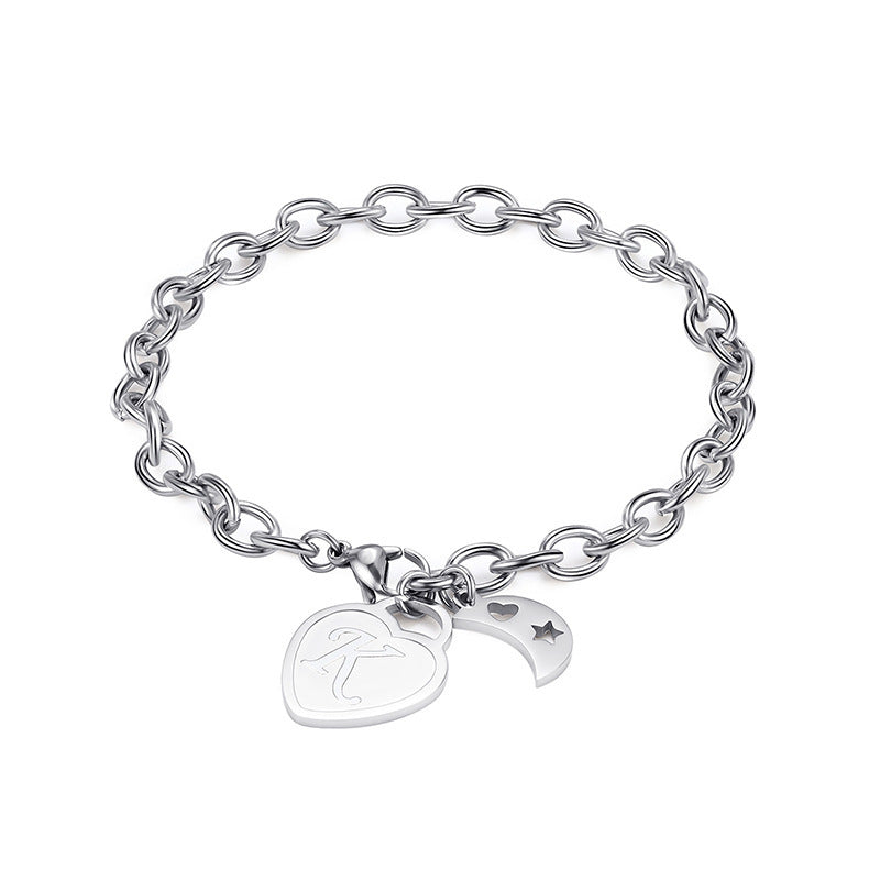 Creative Stainless Steel Peach Heart Bracelet With Choice of Letter