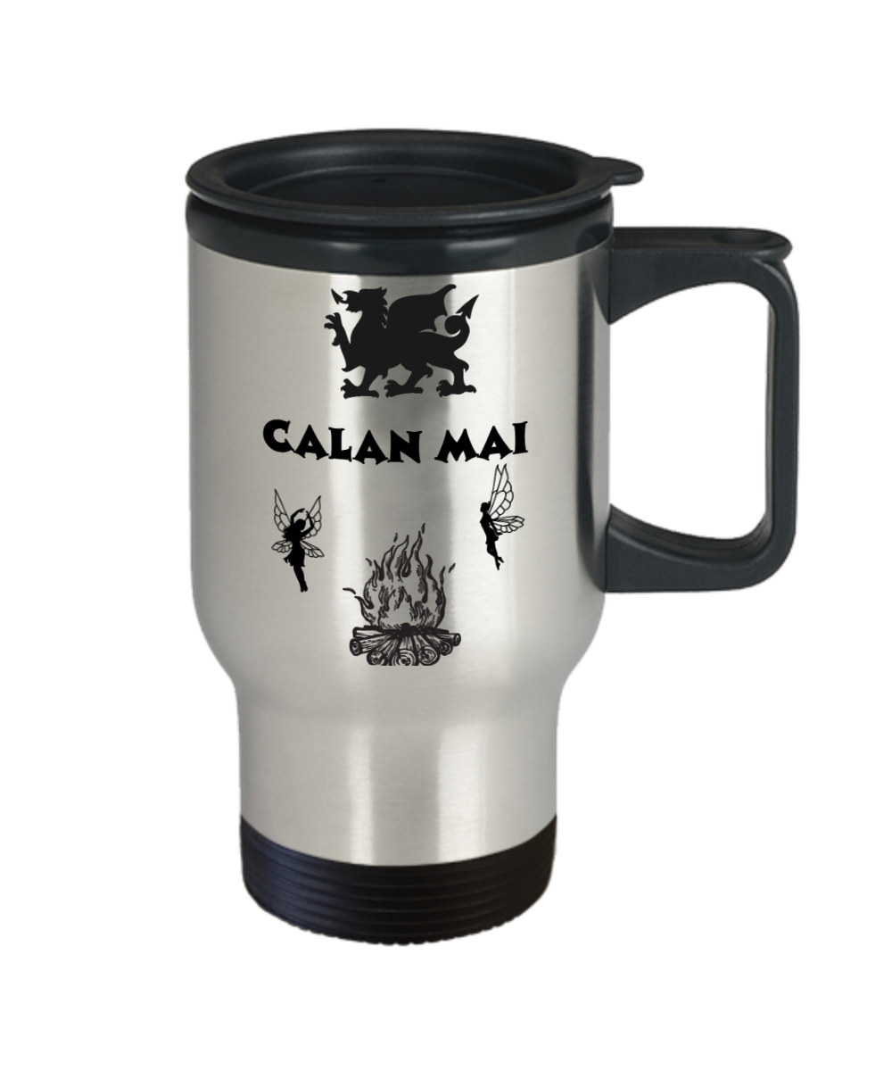 Calan Mai Tribute to the Welsh Festival Stainless Steel Travel Mug with Lid