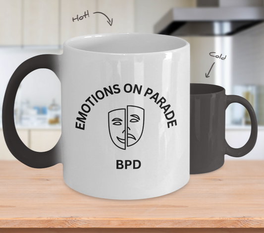 Borderline Personality Disorder Awareness Mug "Emotions on Parade" Hot To Cold Color Changing