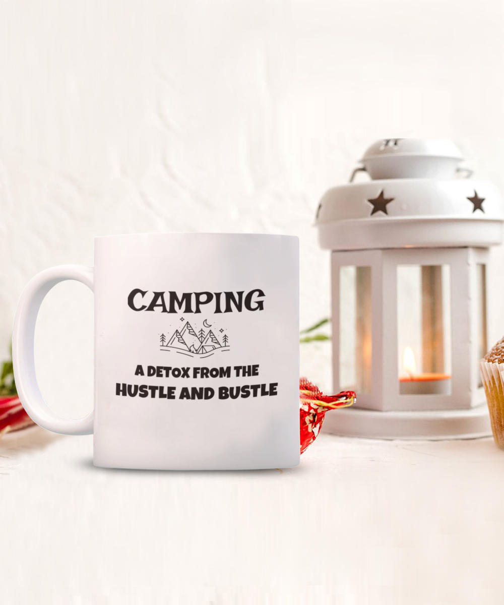 National Camping Month "A Detox From The Hustle and Bustle" Mug White/Black Available in 2 Sizes